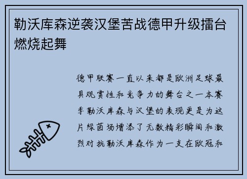 勒沃库森逆袭汉堡苦战德甲升级擂台燃烧起舞