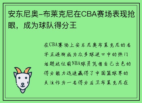 安东尼奥-布莱克尼在CBA赛场表现抢眼，成为球队得分王